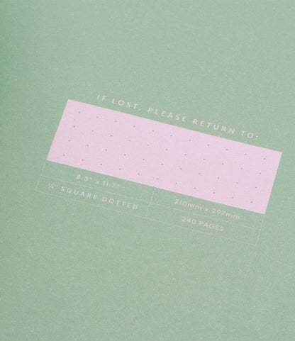 The Best Made Co. S.B.T. Mid Cloth-Bound Notebook features a green hardcover, 8.3" x 11.7" (210mm x 297mm), 1/4 square dotted and numbered pages (240 total), plus a pink "If lost, please return to:" box inside.